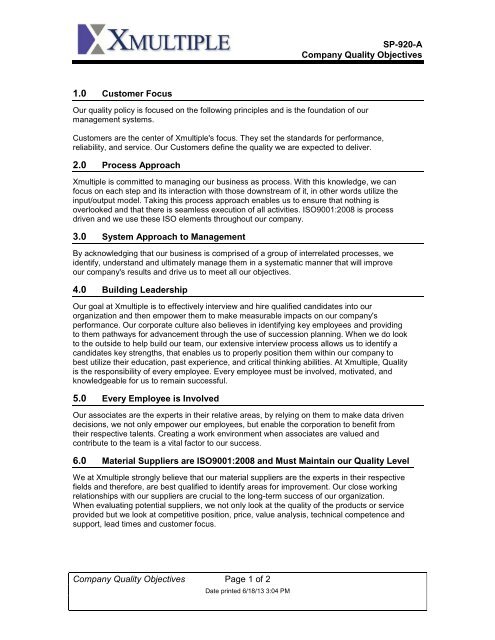 Qualtiy Objective Xmultiple Quality Objectives