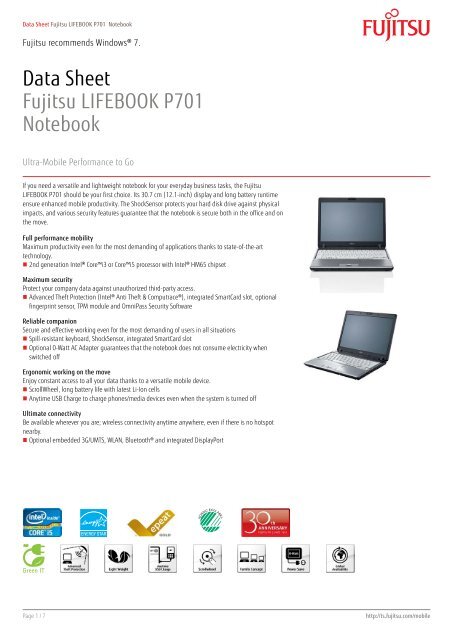 Data Sheet Fujitsu LIFEBOOK P701 Notebook