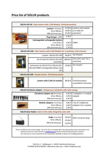 Price list of SOLUX products