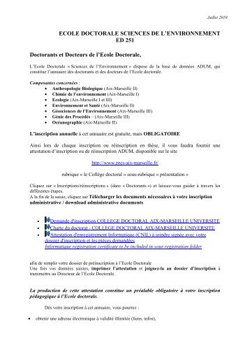 ECOLE DOCTORALE SCIENCES DE L'ENVIRONNEMENT ED 251 ...