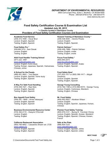 Providers of Food Safety Certification Course ... - Stanislaus County