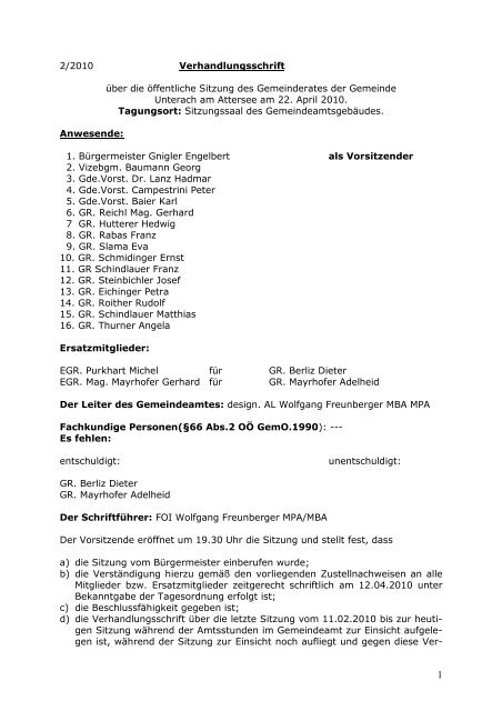 Gemeinderats-Protokoll 2/2010 - (ÃVP) Unterach am Attersee