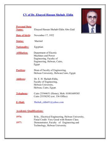 CV Of Dr. Elsayed Hassan Shehab Eldin - Helwan University