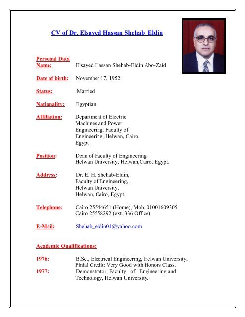 CV Of Dr. Elsayed Hassan Shehab Eldin - Helwan University