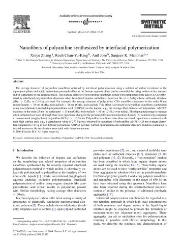 Nanofibers of polyaniline synthesized by ... - Sanjeev Manohar