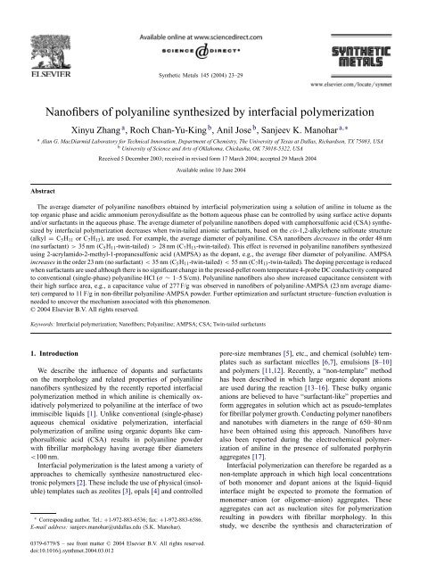 Nanofibers of polyaniline synthesized by ... - Sanjeev Manohar