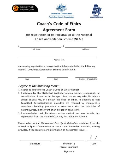Coach's Code of Ethics Agreement Form - Basketball Australia