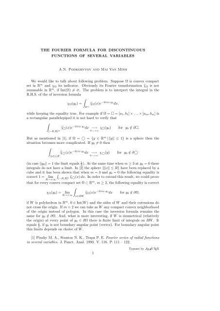 The Fourier formula for discontinuous functions of several variables