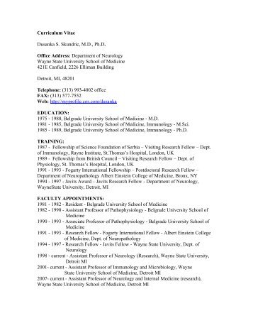 Curriculum Vitae Dusanka S. Skundric, M.D., Ph.D. Office Address ...