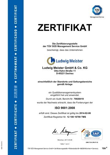 QM-Zertifikat DIN ISO 9001 - Ludwig Meister