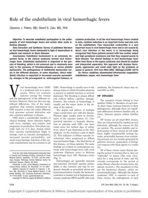 Role of the endothelium in viral hemorrhagic fevers - Benh Vien ...