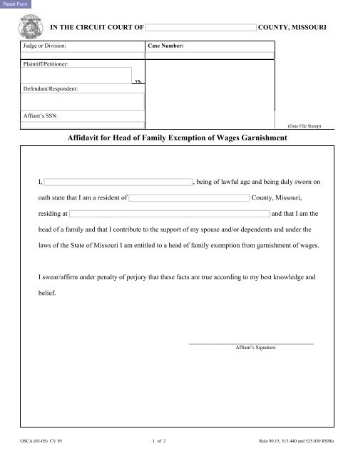 Affidavit for Head of Family Exemption of Wages Garnishment