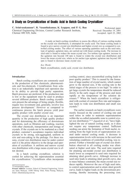 A Study on Crystallization of Oxalic Acid in Batch Cooling ... - pierre