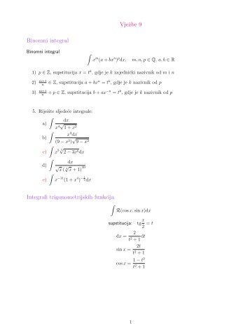 Vjezbe 9 Binomni integral Integrali trigonometrijskih funkcija