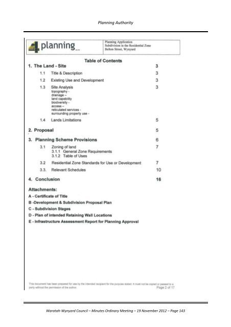 TABLE OF CONTENTS - Waratah-Wynyard Council