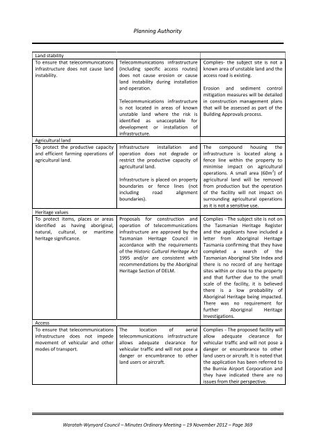 TABLE OF CONTENTS - Waratah-Wynyard Council