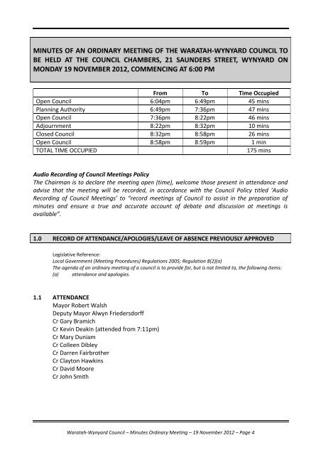 TABLE OF CONTENTS - Waratah-Wynyard Council