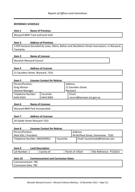 TABLE OF CONTENTS - Waratah-Wynyard Council