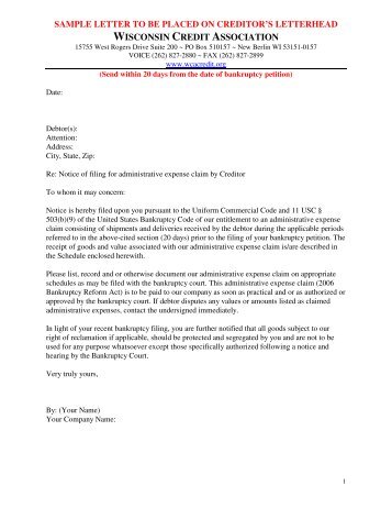 Administrative Claim Sample Letter - Wisconsin Credit Association