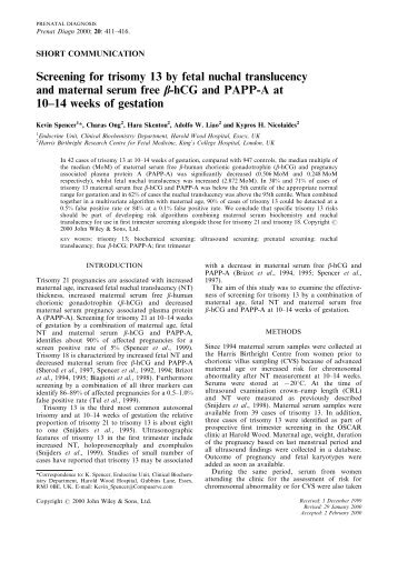 Screening for trisomy 13 by fetal nuchal translucency and maternal ...