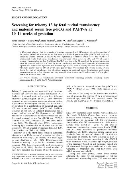 Screening For Trisomy 13 By Fetal Nuchal Translucency And Maternal