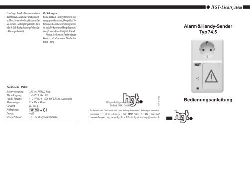 Bedienungsanleitung HGT-Lichtsystem Alarm & Handy-Sender Typ ...