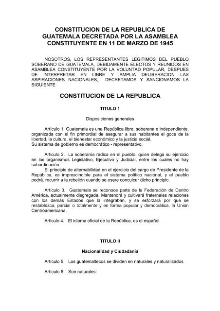 Constitucion De La Republica De Guatemala Decretada Por La