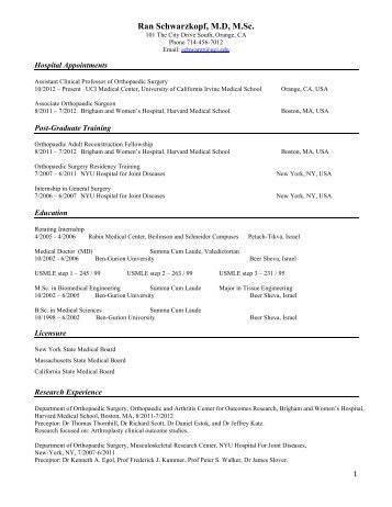 Dr. Schwarzkopf's CV - Orthopaedic Surgery - University of ...