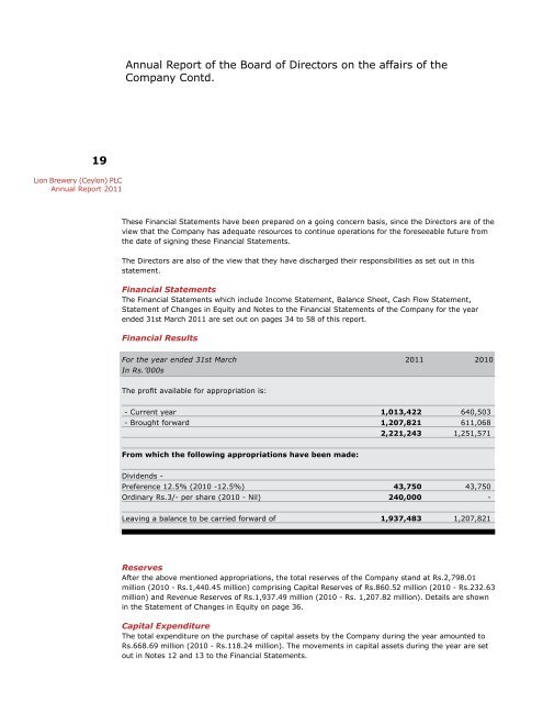 Lion Brewery (Ceylon) PLC Annual Report 2011 - Carson and ...