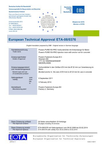 European Technical Approval ETA-08/0376 - bei Powers Europe