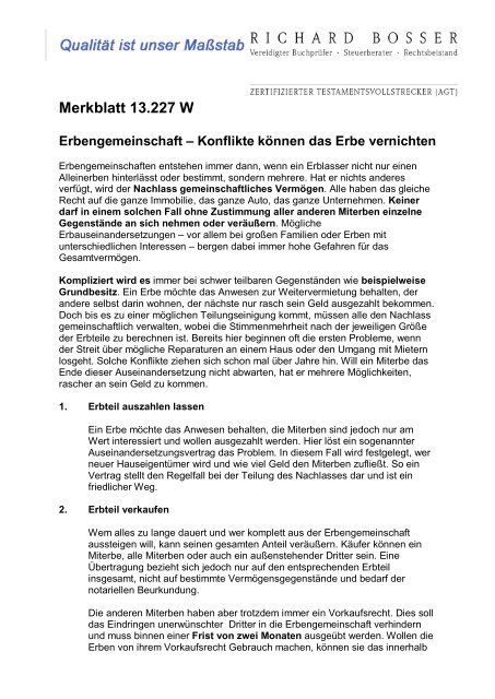 13.227 W Erbengemeinschaft â Konflikte kÃ¶nnen das Erbe vernichten