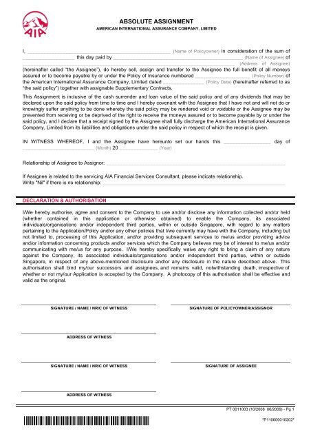 Absolute Assignment Form PT 0011003 06 2009 AIA Singapore Absolute Assignment Form PT 0011003 06 2009 AIA Singapore