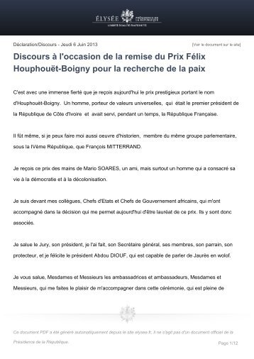 Discours Ã  l'occasion de la remise du Prix FÃ©lix HouphouÃ«t-Boigny ...