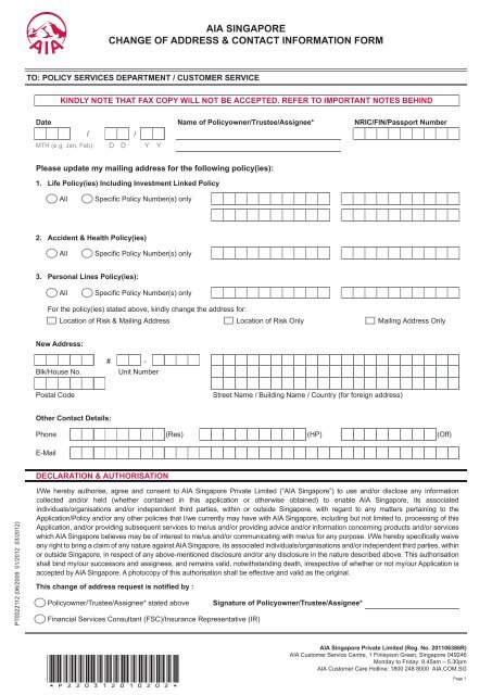 Pd Pt0022112 Change Of Address Amp Contact Info Aia Singapore