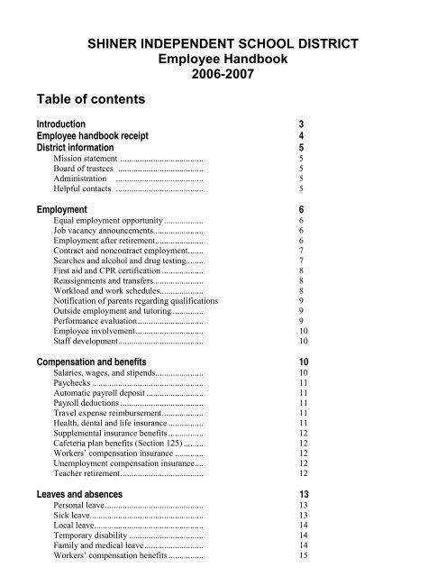 Employee Handbook Receipt Shiner Independent School District
