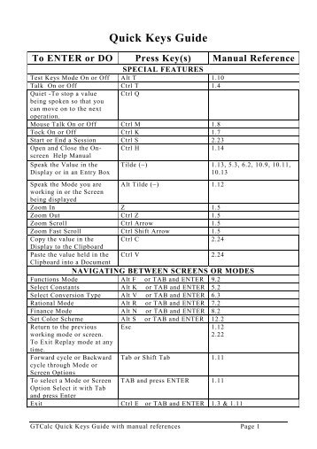 GTCalc key commands and checklist