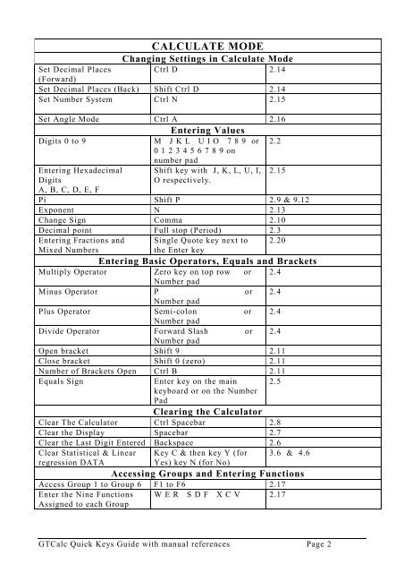 GTCalc key commands and checklist