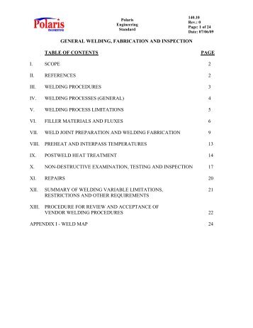 General welding, fabrication and inspection table of contents page