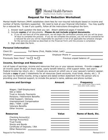 Request for Fee Reduction Worksheet - Mental Health Partners