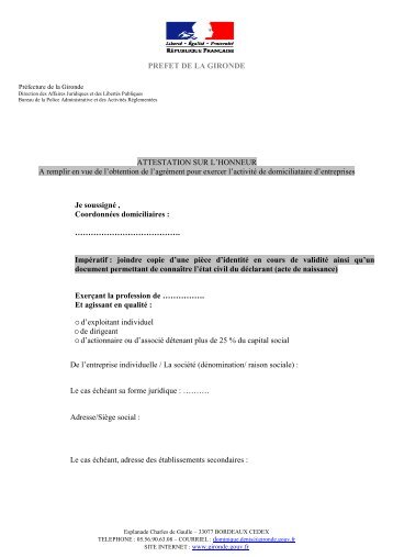 PREFET DE LA GIRONDE ATTESTATION SUR L'HONNEUR A ...