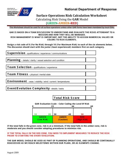 Surface Operations Risk Calculation Worksheet - U.S. Coast Guard