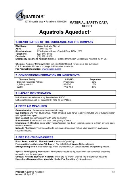 Aquatrols Aqueduct - MSDS - 19-04-2012 - Globe Australia