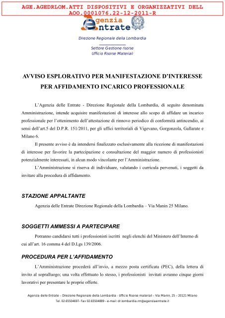 La Direzione Regionale Agenzia delle Entrate della Lombardia, di ...