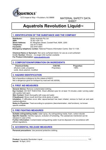 Aquatrols Revolution Liquid - MSDS - 18-04-2012 - Globe Australia