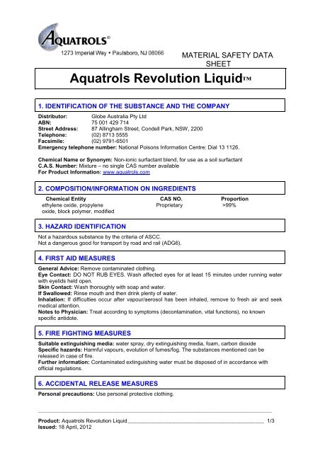 Aquatrols Revolution Liquid - MSDS - 18-04-2012 - Globe Australia