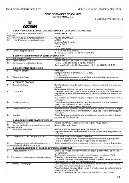 fiche de donnees de securite vernis antac gc - revision du 03 ... - Axter