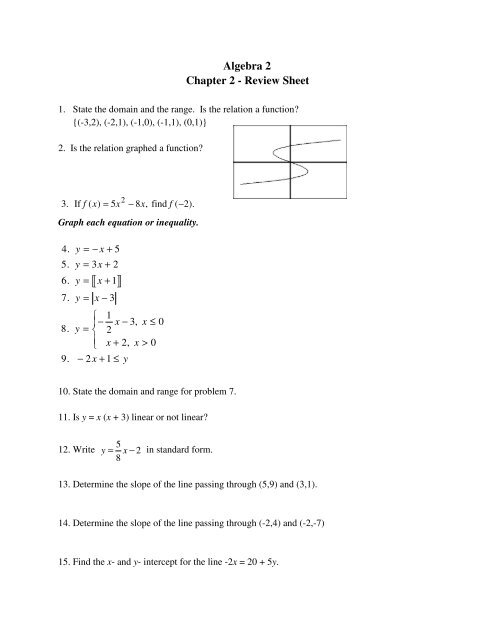 Algebra 2 Chapter 2 Review Sheet