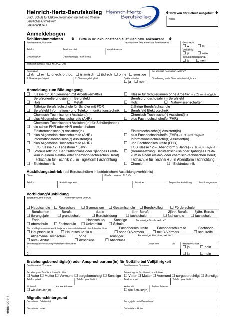 HHBK Anmeldeformular 2013 - Heinrich-Hertz-Berufskolleg