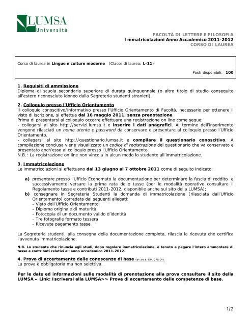 1/2 FACOLTÃ€ DI LETTERE E FILOSOFIA Immatricolazioni ... - Lumsa