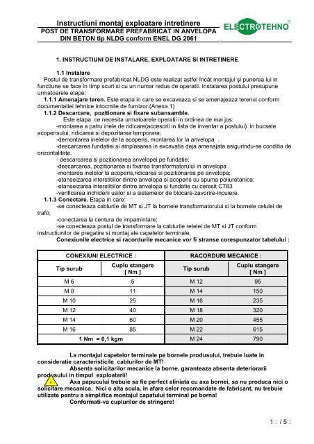 Instructiuni Montaj Exploatare Intretinere - Electrotehno